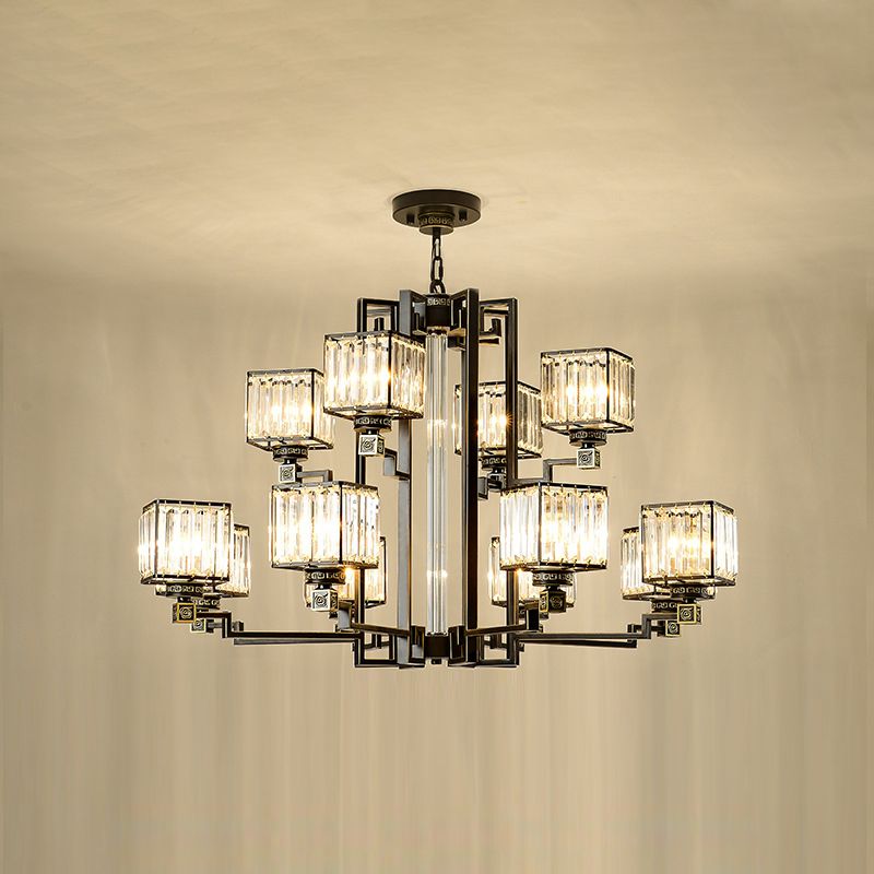 Traditionele kubieke hanglampverlichting Duidelijke drievoudige glazen kroonluchter verlichtingsarmatuur in zwart