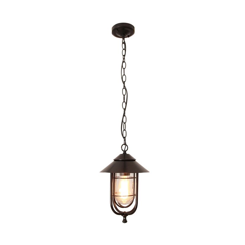 Traditional Cone Ceiling Light Single-Bulb Iron Hanging Pendant Light with Bell Clear Glass Shade for Garden