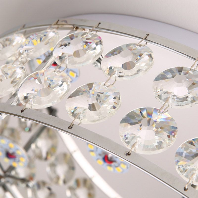 LED Round Flushmount Modernism Cut Crystal Ceiling Light Fixture in Nickel with Opal Glass Diffuser