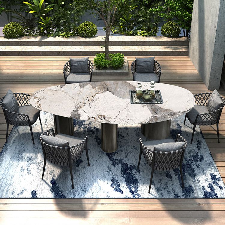 Boho Oval Dining Table Set 1/4/7 Pcs Stone and Metal Patio Dining Table with Chairs