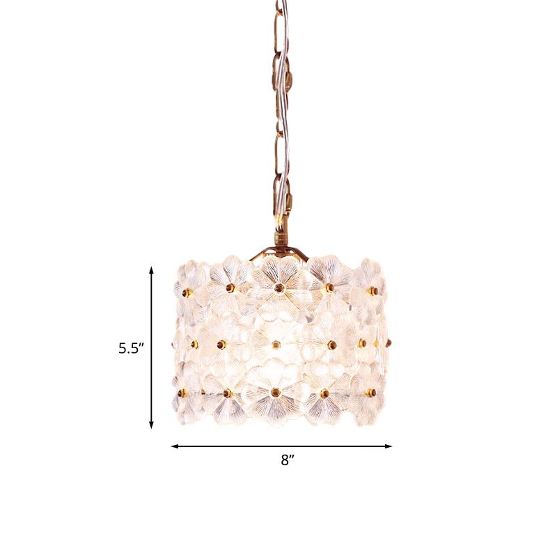 Drum White Floral Glass Hanging Light Kit Contemporary 1-Light Brass Ceiling Pendant Lamp