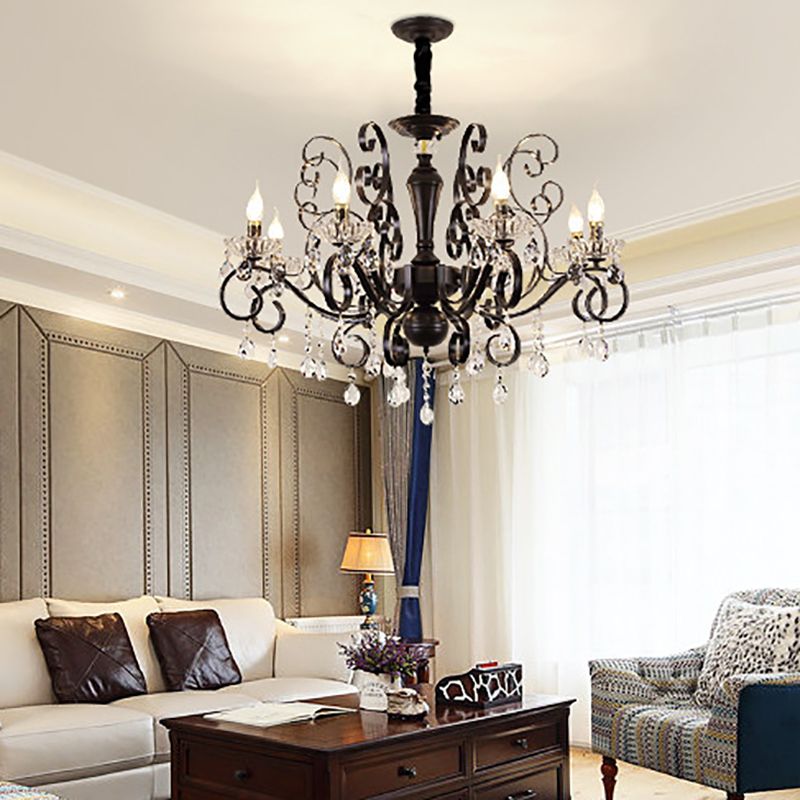 Black Chandelier Lamp Vintage Metal Candle Chandelier Lighting Fixtures with Crystal Drop