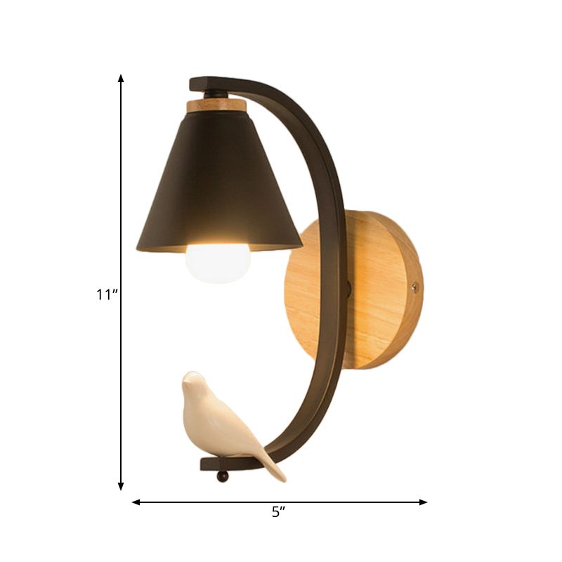 Nordic Style Conical Wall Light with Bird 1 Head Metal Sconce Light for Bedroom Hallway