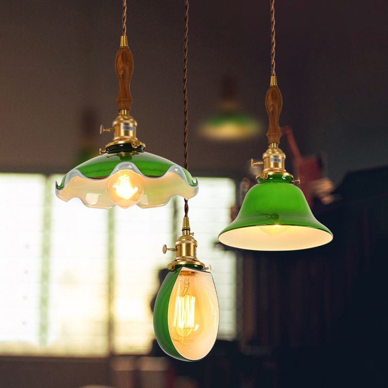 Brass Small Pendant Lighting Vintage Green Glass 1-Head Hanging Lamp with Rotary Switch