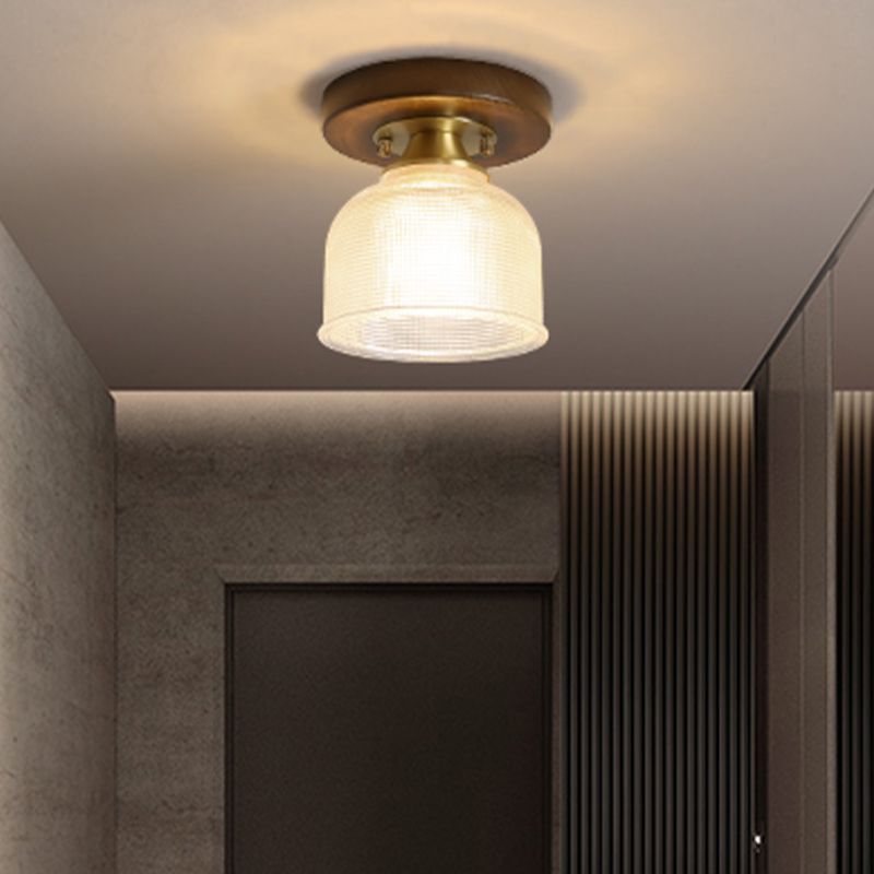 Modern Wood Ceiling Light Geometric Shape Flush Mount with Glass Shade for Living Room