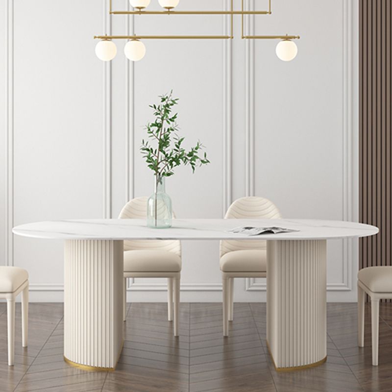 Oval Sintered Stone White Tone Dining Table Simplicity Double Pedestal Table for Dining Room