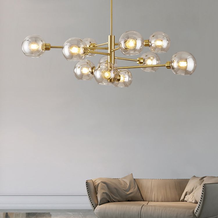 Full Copper Molecular Styling Chandelier Transparent Glass Orb Nordic Simplicity Lighting Fixture in Gold