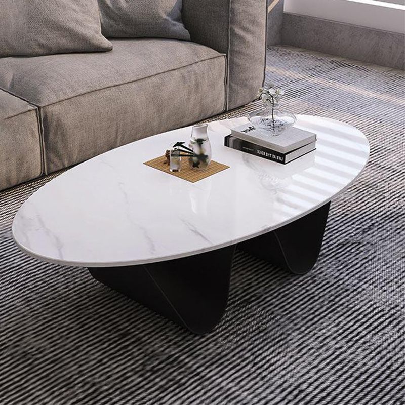Glam Style Stone Top Coffee Table with Steel Base in Oval Cocktail Table
