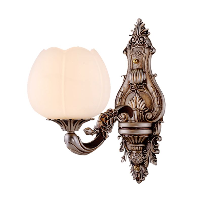 Frosted Glass Bloom Wall Lighting Vintage 1/2-Head Living Room Wall Light Sconce with Curved Arm in Coffee