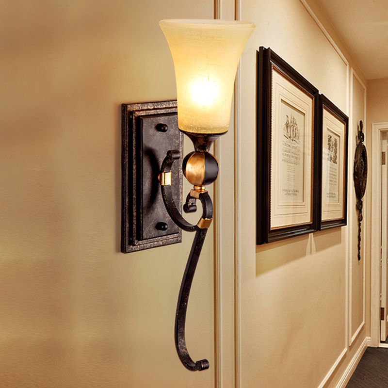 Rectangle Metal Wall Mount Light Lodge 1 Bulb Corridor Sconce Lamp in Antique Bronze with Amber Glass Bell Shade