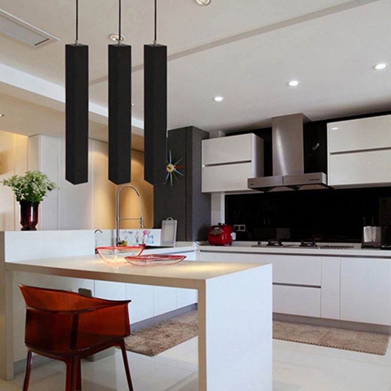 Contemporary Matte Black Cuboid Ceiling Lamp Metal Dining Room LED Pendant Light in White/Warm