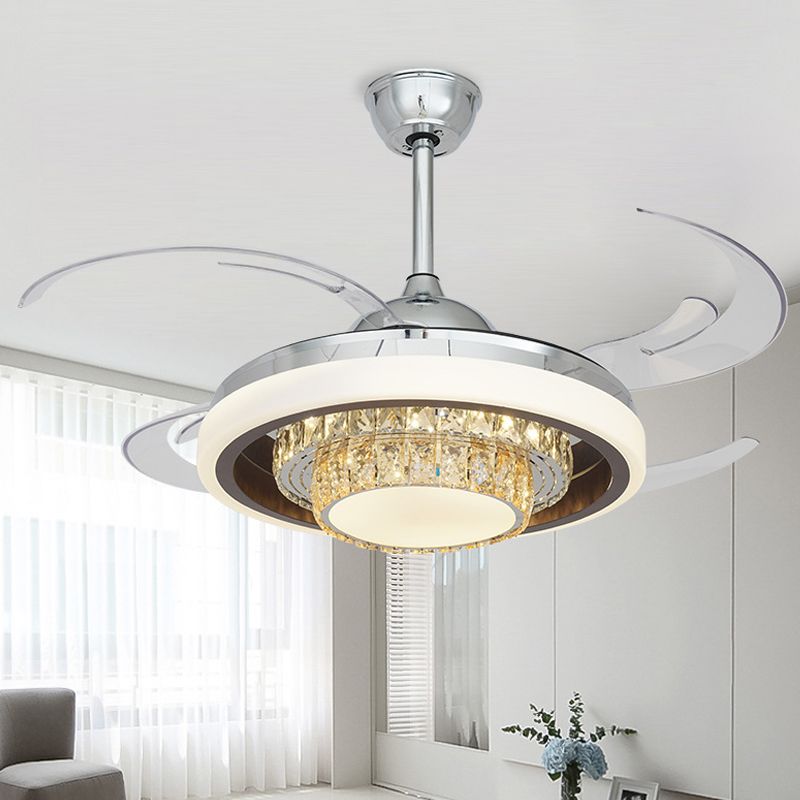 LED Metall Hanging Lüfter leichte moderne silberne runde Wohnzimmer Halbflush -Decke mit 4 klaren Klingen, 42 "W.