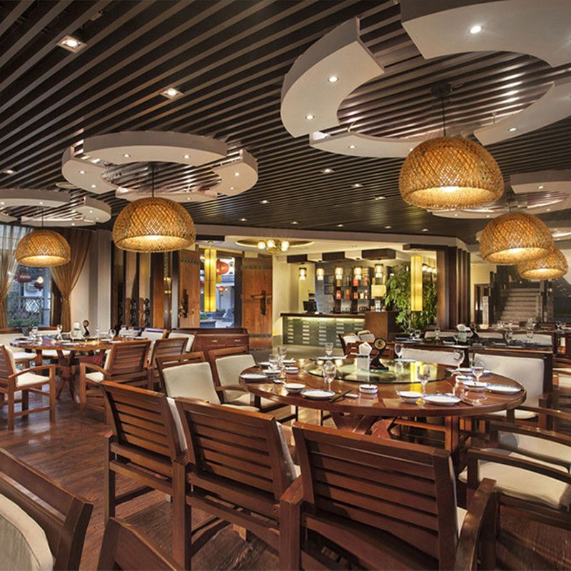 Asian Weaving Style Curved Drum Pendant Lighting Fixtures Rattan 1 Light Suspension Pendant