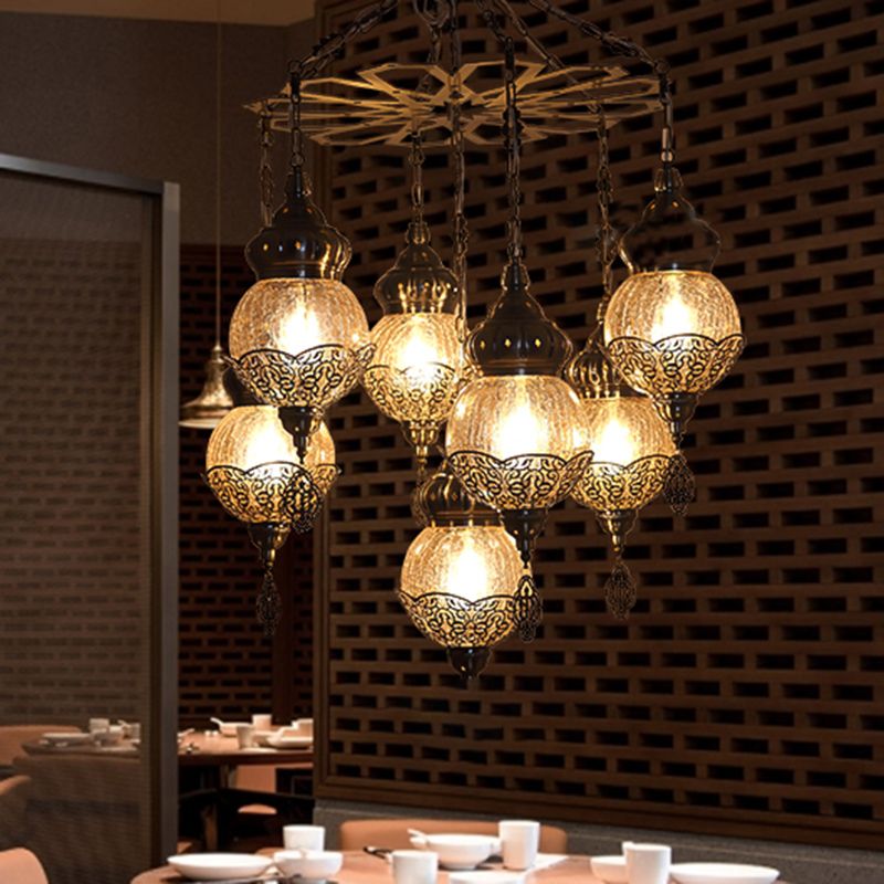 Bronze Spherical Chandelier Moroccan Amber Crackle Glass 7 Lights Restaurant Hanging Ceiling Light with Metal Frame