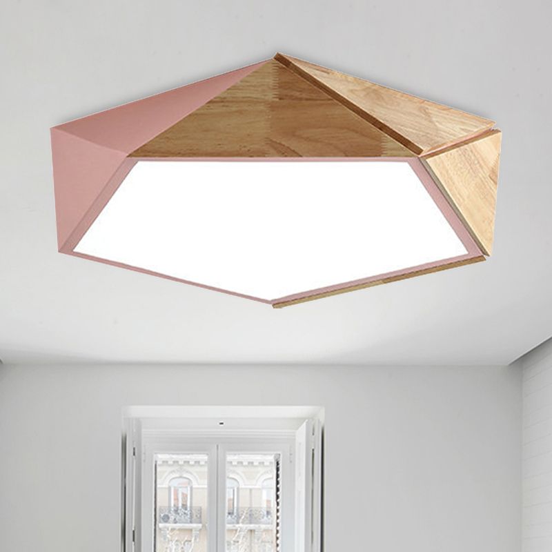 Pentagon-Deckenleuchte für Arbeitszimmer, Acryl und Holz, Macron-Stil, 16,5"/20,5" breite LED-Deckenleuchte in Grün/Rosa/Gelb