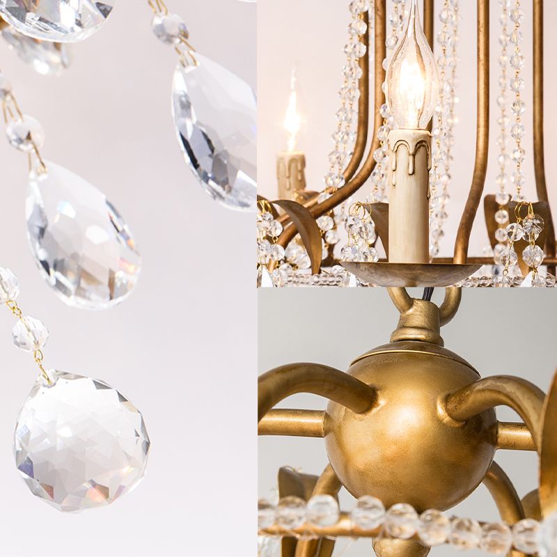 Spur Pendant Chandelier Traditional Metal 6 Bulbs Gold Hanging Ceiling Light with Crystal Drop