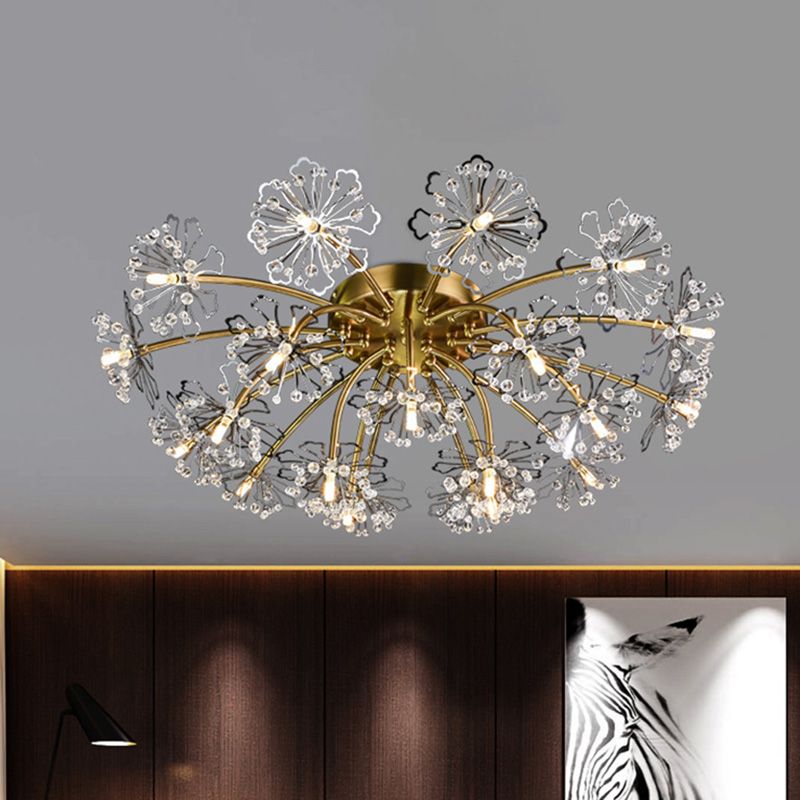 Gold Dandelion Semi Flush Mount Postmodern Crymodern Crystal 21 luces Luces de comedor Iluminación de techo
