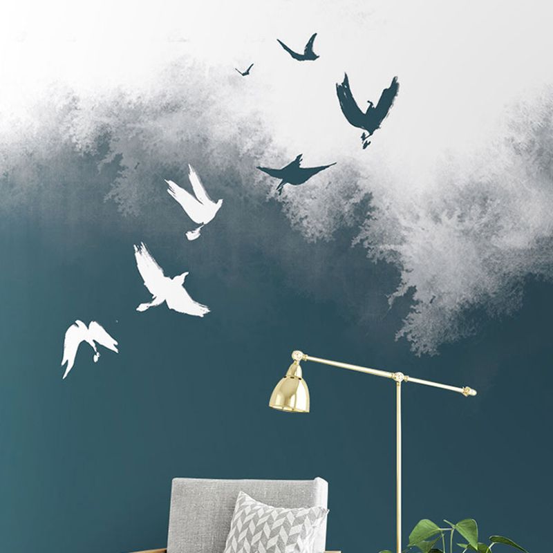 Bush and Flying Bird Mural Wallpaper in Green and White, Nostalgic Wall Covering for Living Room