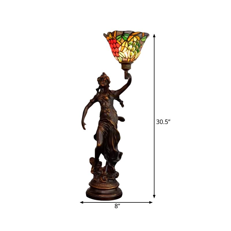 Angel Statue Night Stand Light Single White-Green/Orange/Green Floral Glass Tiffany Table Lighting in Bronze
