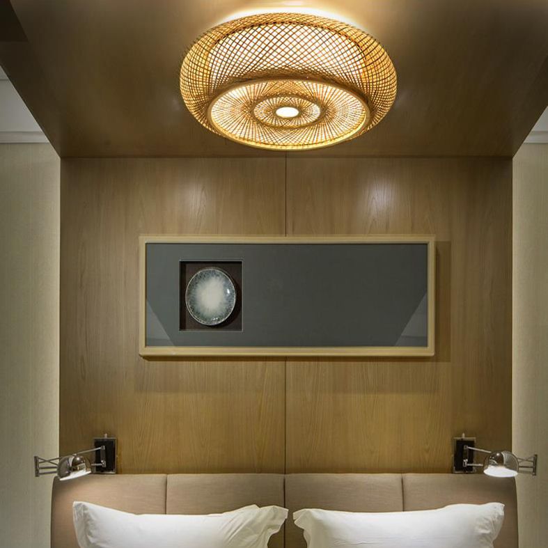 Bamboo Weaving Art Flush Mount in Asian Creative Style Drum 3-Light Ceiling Light for Corridor