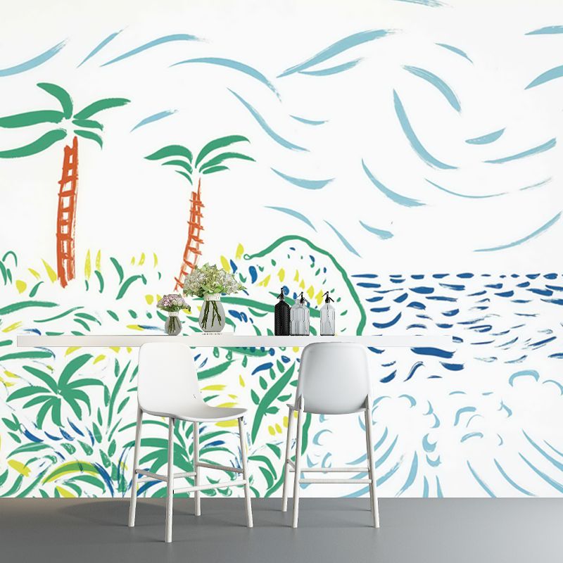 Art Tropical Landscape Wall Mural Decal in Blue Scenery Painting Wall Covering for Home