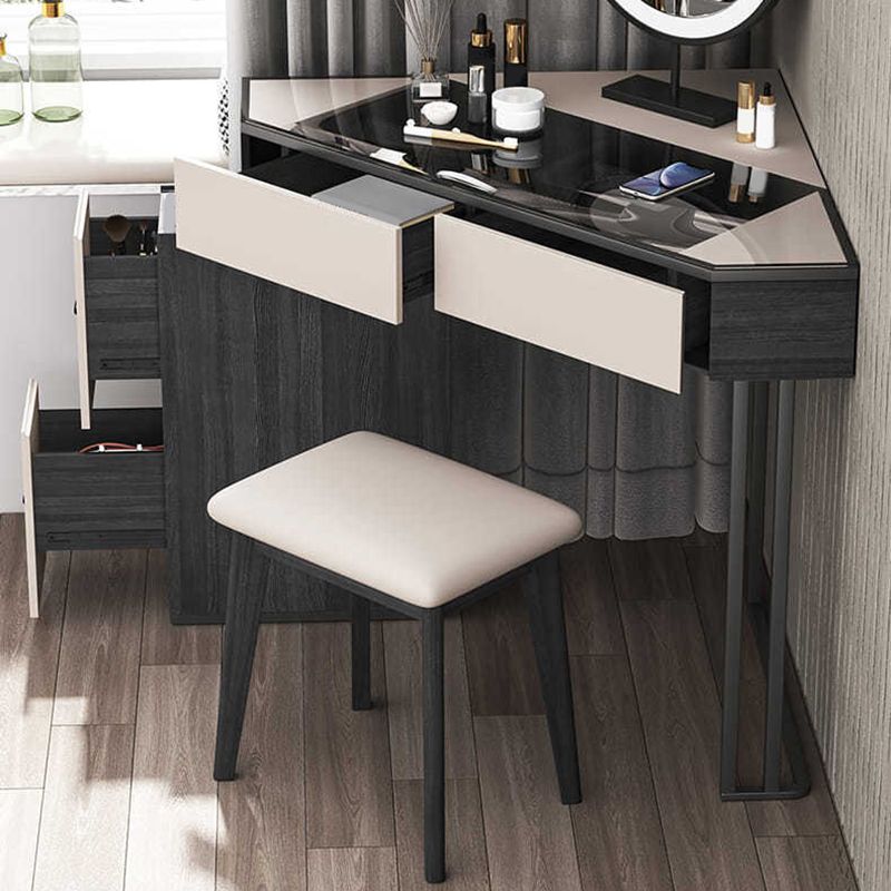 Modern Corner Vanity Table Stool and Mirror Set Glass Top 4-Drawer Dresser