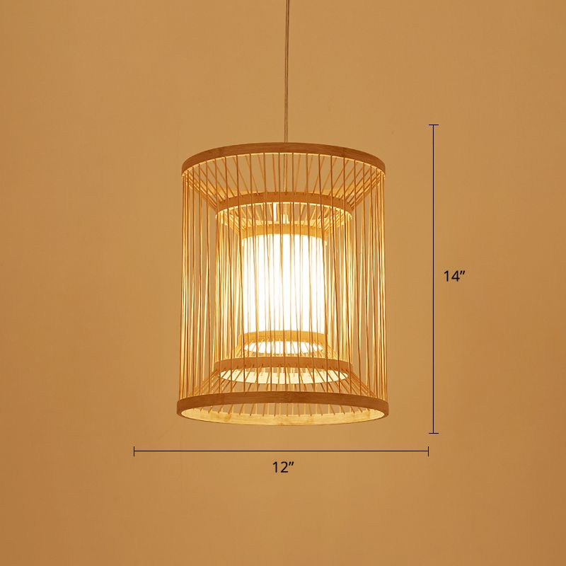 Cylindrical Suspension Light Simplicity Bamboo 1-Light Wood Pendant Light Fixture for Tea Room