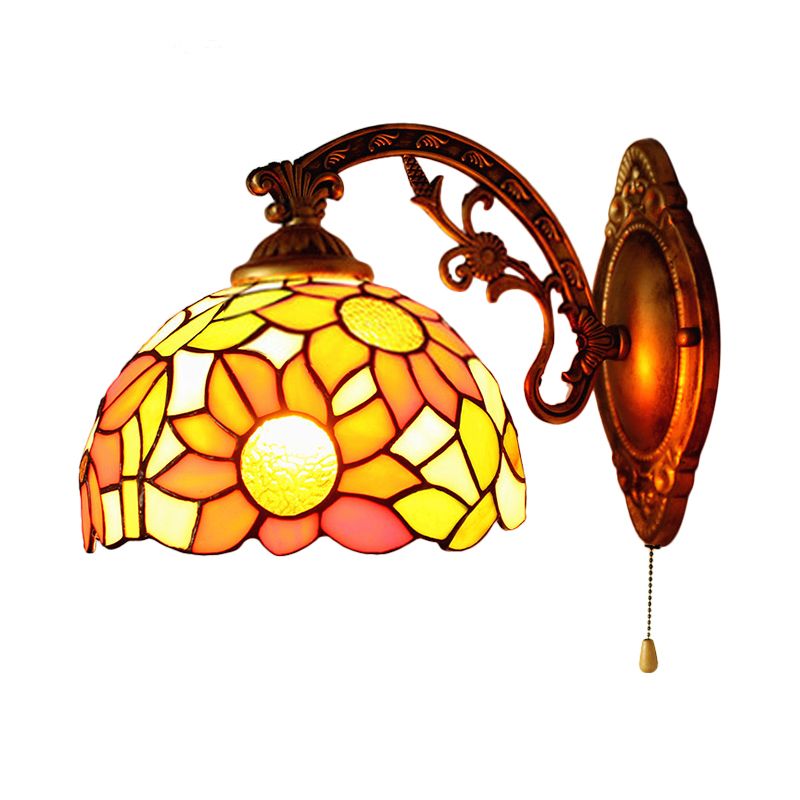 Rustic Tiffany Sunflower Wall Light with Engraved Arm 1 Head Stained Glass Wall Sconce for Living Room