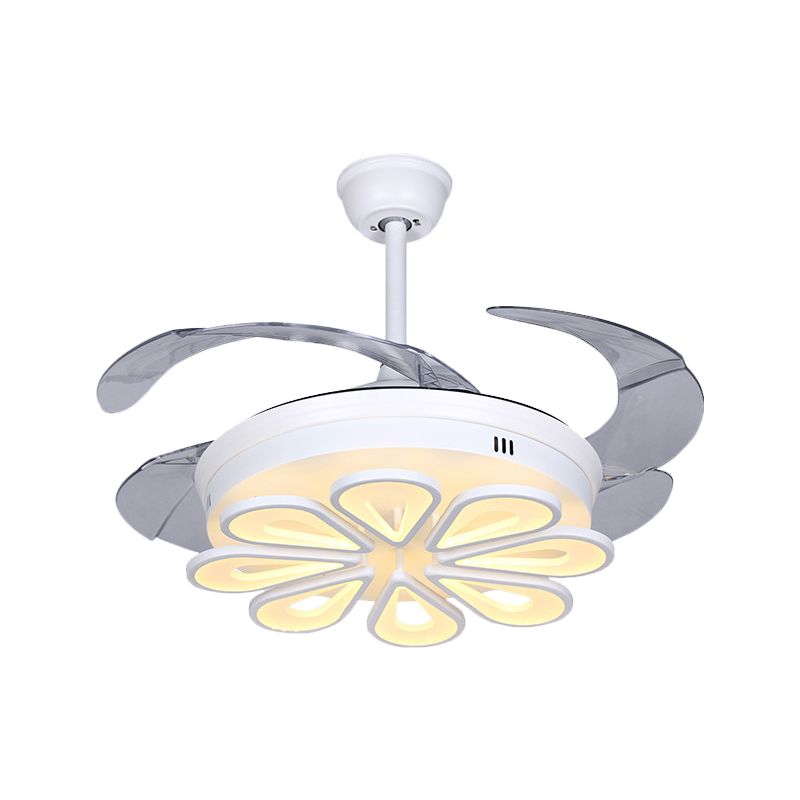 Zeitgenössische Blumenhänge -Lächer -Lampe Acryl -LED Weiß in der Nähe des Deckenlichts mit 4 klaren Klingen, 42 "W.