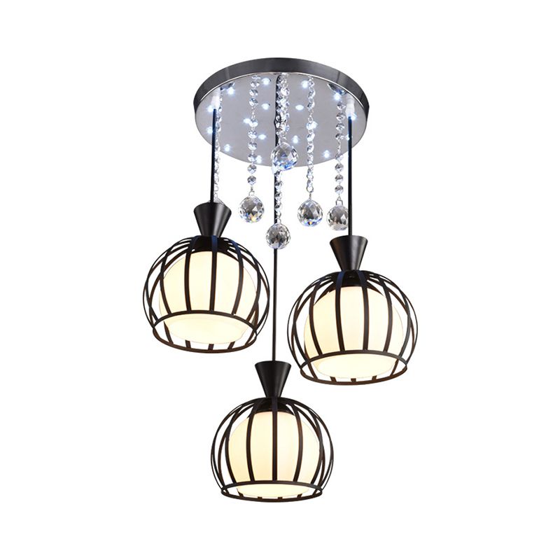 Lámpara colgante de jaula abovedada con estilo retro 3 luces iluminación colgante de metal con bola de cristal transparente deco en acabado negro/blanco