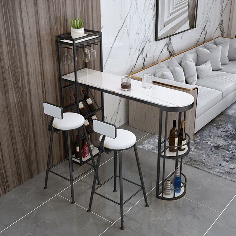 Stone Indoor Glam Bar Dining Table Metal Double Pedestal Bistro Table with Wine Rack