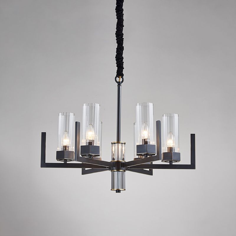 Zwarte radiale kroonluchter vintage metalen 6-bulb eettafel suspensie hanglamp met fluit prismatische glazen schaduw