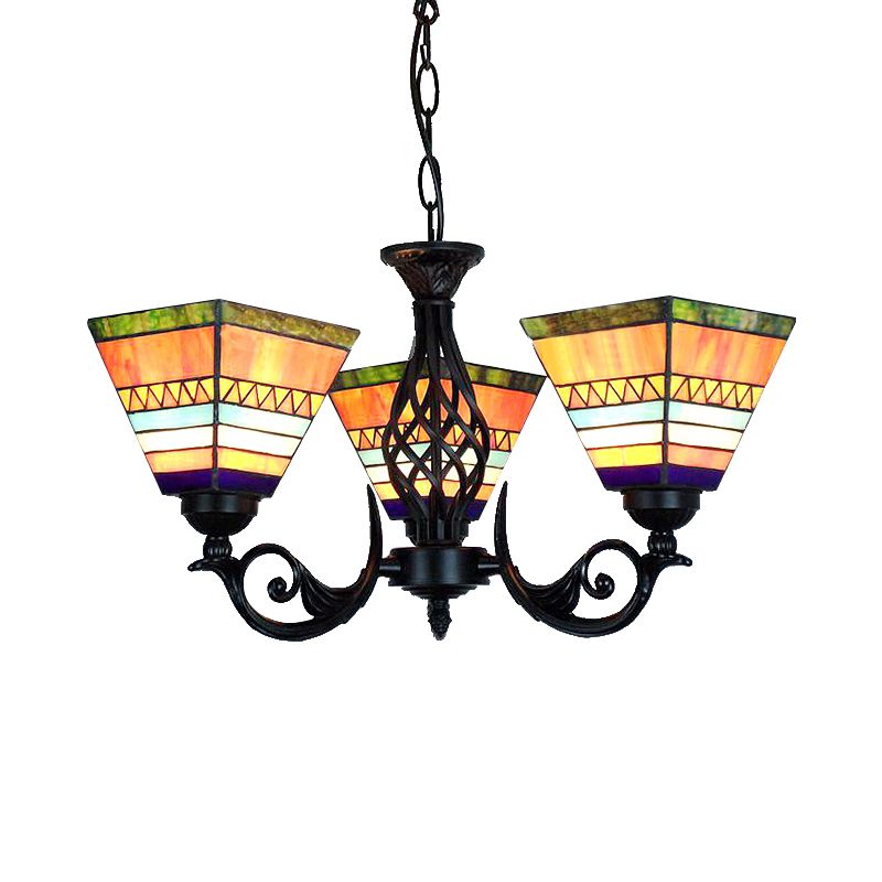 Tiffany Upward Chandelier Light with Pyramid Shade Stained Glass Mission Hanging Light in Orange