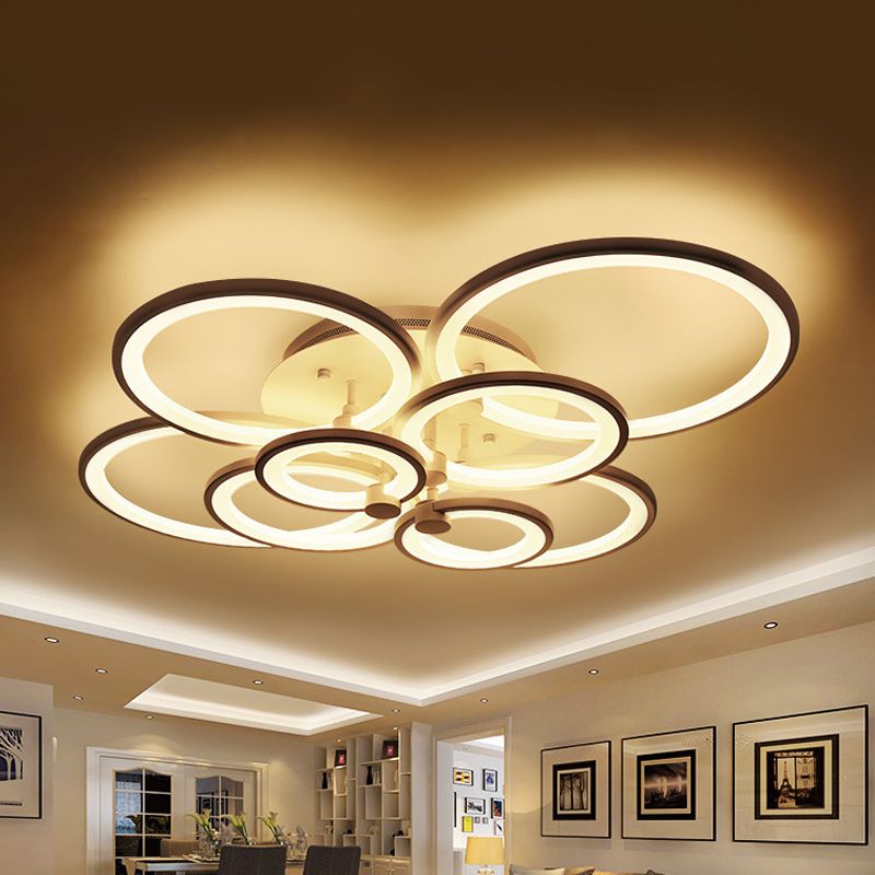 Multiple-Ring Metal Ceiling Lighting Modernist 4/6/8-Bulb Black/White LED Semi Flush Light for Living Room