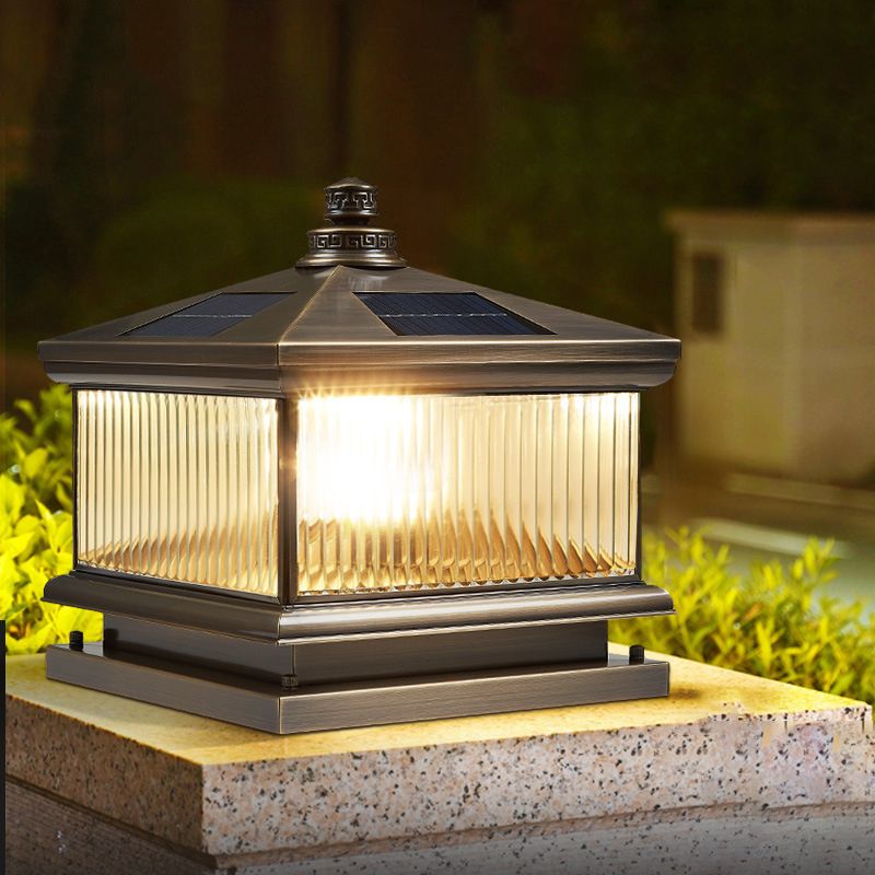 Rectangle Shape Metal Solar Pillar Lamp Modern Outdoor Waterproof Light in Bronze
