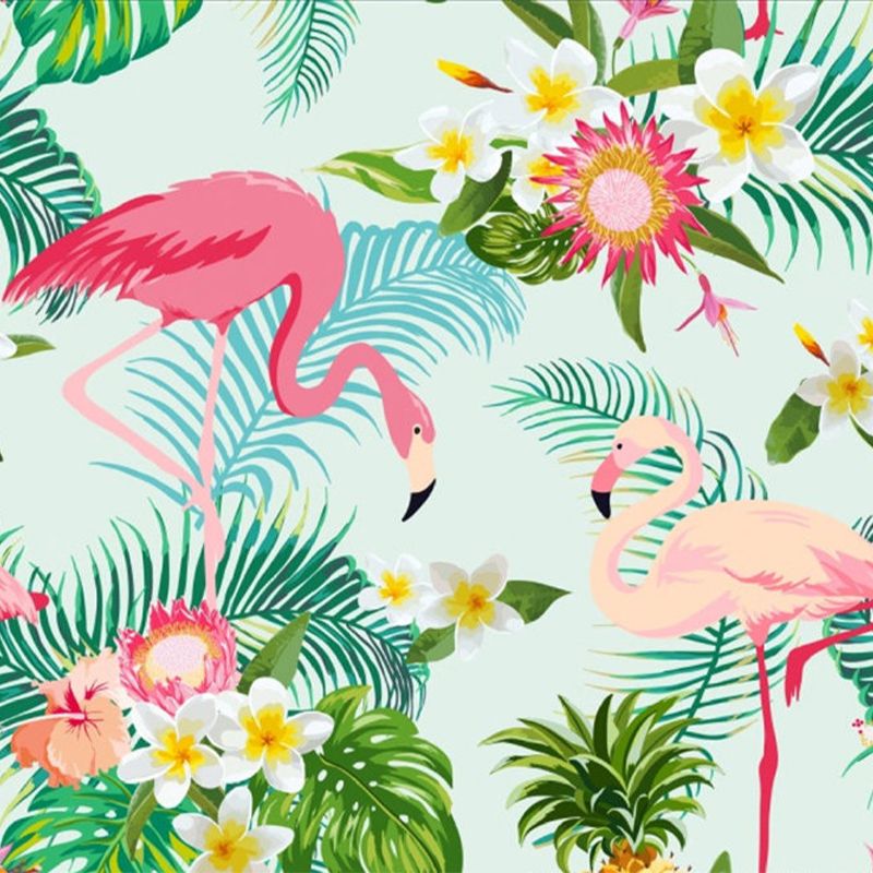 Standing Flamingos Mural Wallpaper for Dining Room, Green, Custom Size Available