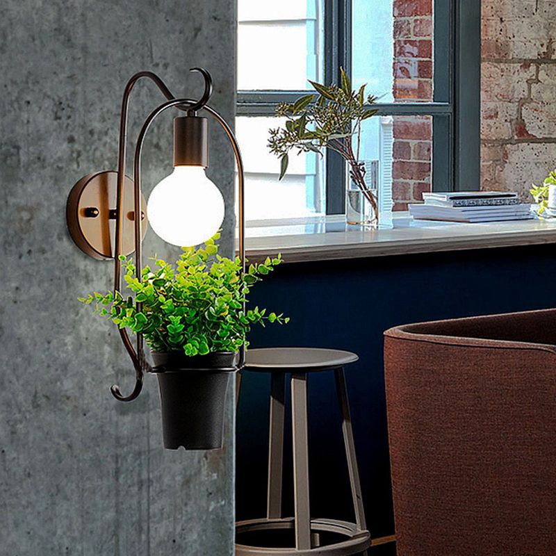 Potted Plant Restaurant Sconce Light Industrial Metal 1 Bulb Black LED Wall Lighting