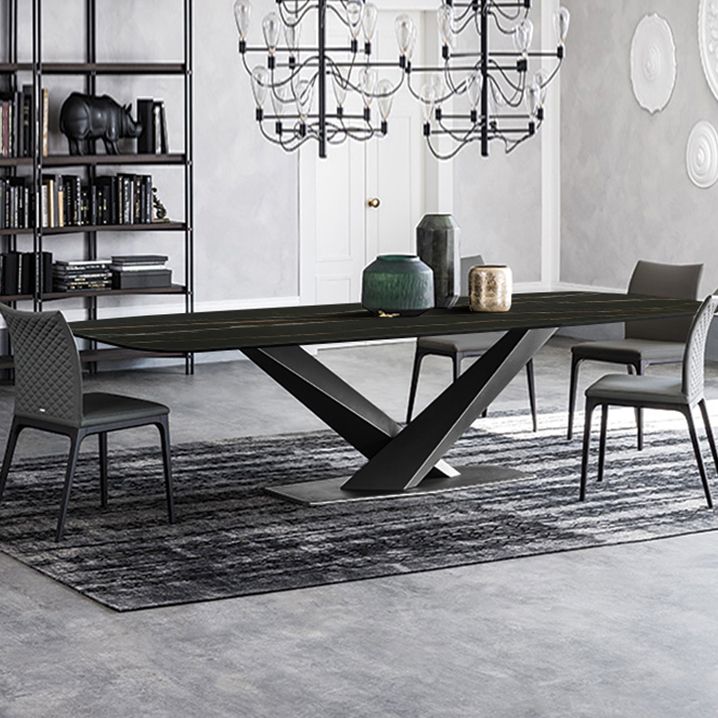 Sintered Stone Rectangle Dining Table Industrial Black Kitchen Table with Pedestal Base