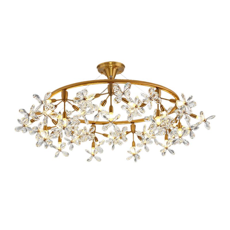 Floral Chandelier Lighting Modernism Cut Crystal 20/30 Bulbs 23.5"/31.5" Wide Brass Ceiling Pendant Light