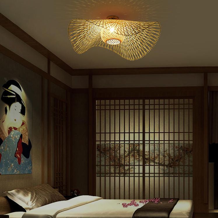 Japanese Style Bamboo Flush Mount 1-Light Ceiling Light Fixture for Dining Room
