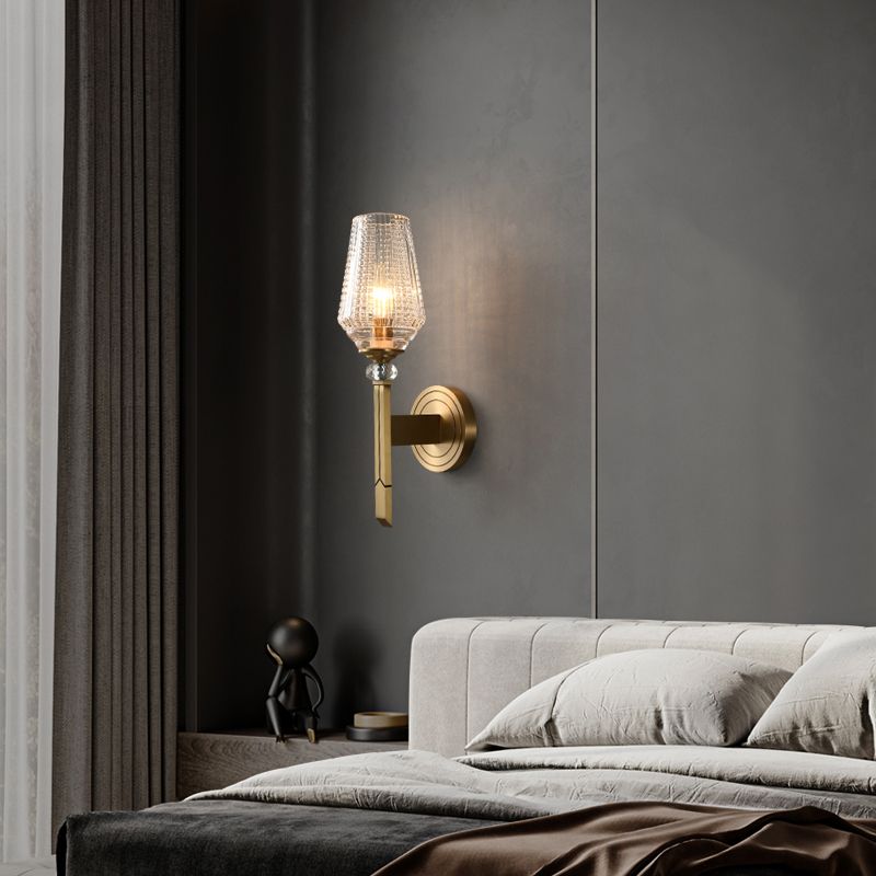 Postmodern 1 Bulb Wall Sconce Brass Diamond Shaped Wall Light with Lattice Glass Shade