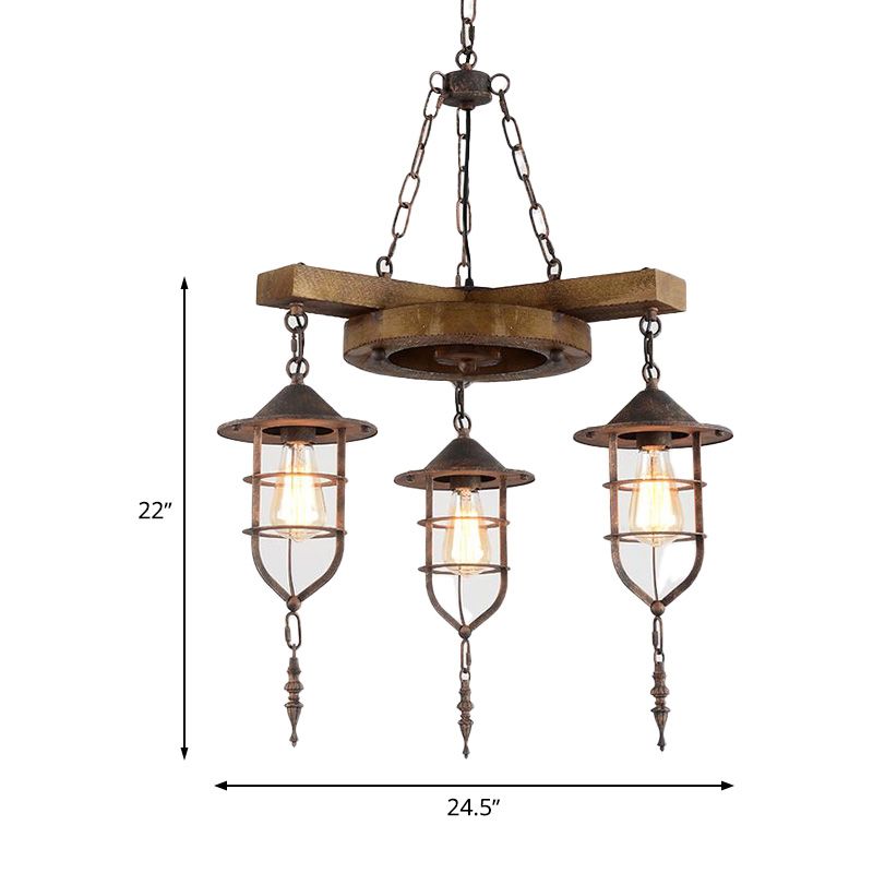 Metal Caged Chandelier Lighting Factory 3/7 Lights Restaurant Hanging Light Kit in Wood