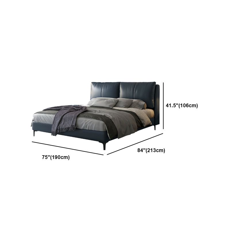 Modern Genuine Leather Panel Bed Pine Wood Rectangular Upholstered Bed