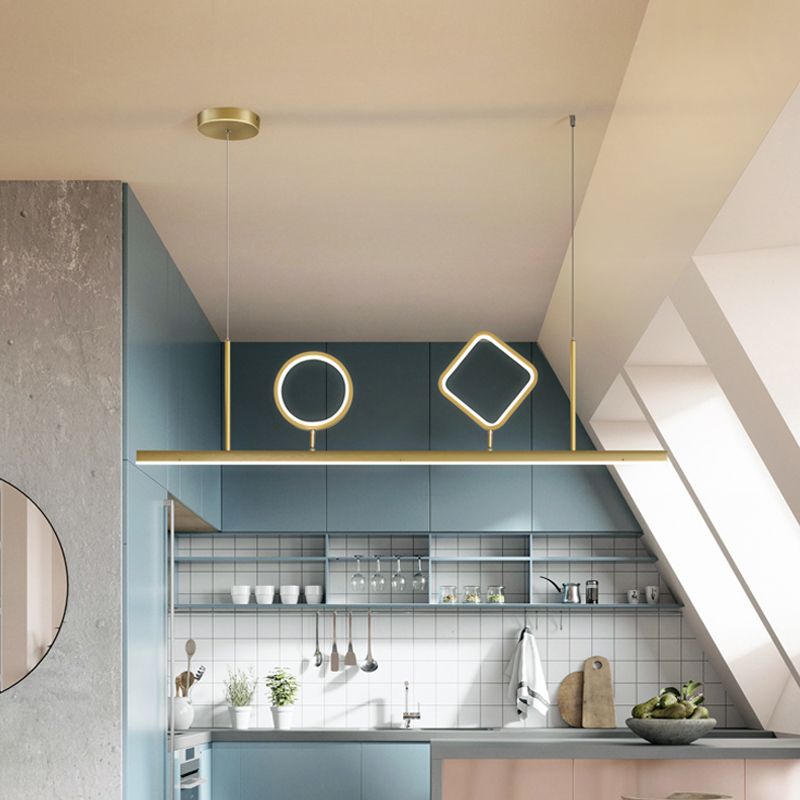 Minimalism Geometric Island Pendant Metallic LED Restaurant Ceiling Hang Fixture in Gold, Warm/White Light