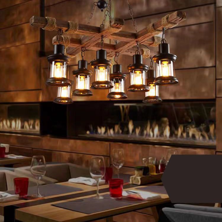 Candelera de sputnik de 8 luces en luz de madera de estilo industrial de estilo vintage para cafetería