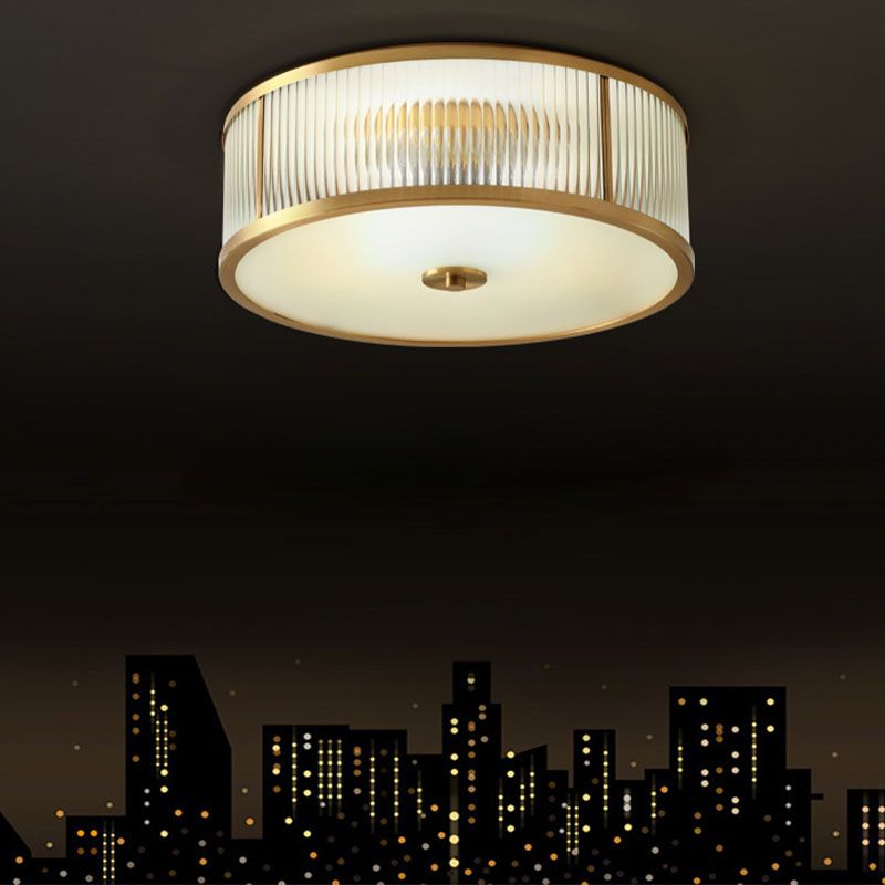 Frosted Glass Brass Flush Mount in Colonical Luxury Style Copper Circular Ceiling Light for Bedroom