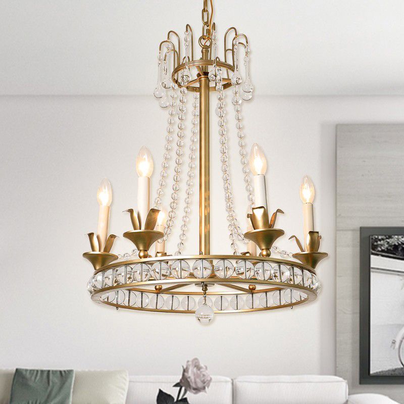 Candle Style Living Room Chandelier Antique Clear Crystal 6 Heads Ceiling Hang Light