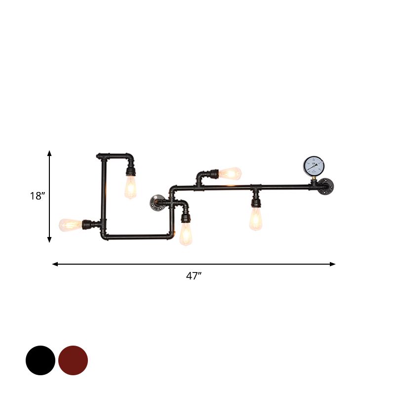 5 Köpfe Wandleuchte Lagerhaus Labyrinth Metallic Leuchter in Schwarz/Rost mit offener Lampe- und Messgeräte -Deco