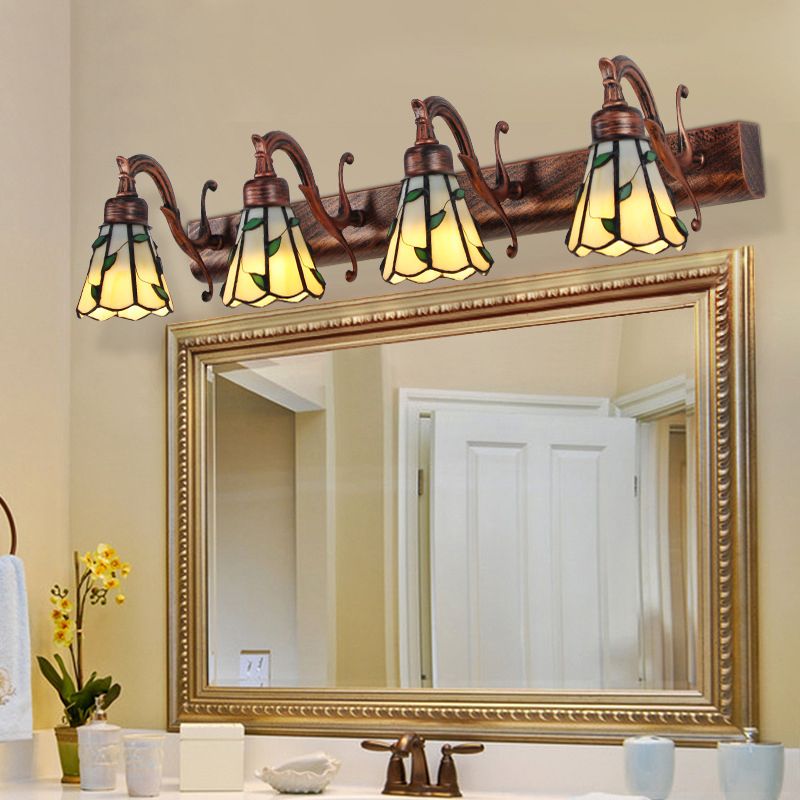 Rustic Bathroom Lighting with Leaf Pattern Stained Glass 4 Lights Wall Sconce Lamp in Copper/Antique Brass/Beige