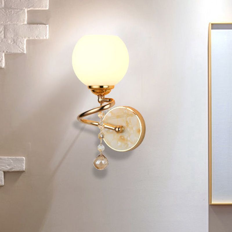 Dome Bedroom Sconce Light Traditional Frosted Glass 1 Head Gold/Chrome Wall Lighting Fixture with Crystal Ball